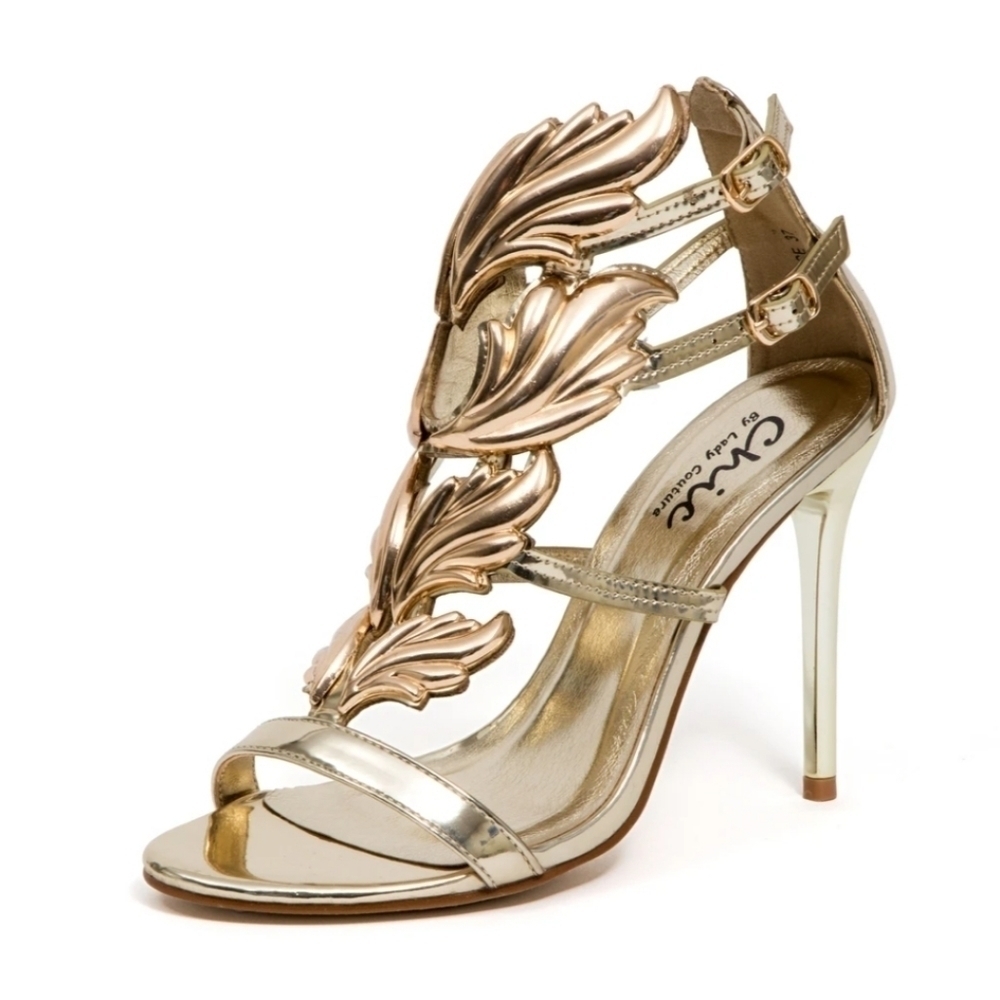 LADY Couture Joyce Gold Metal Winged T-Strap Sandal Heels